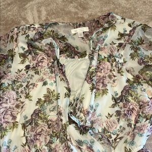 LC Lauren Conrad Cream Ruffled Floral Blouse